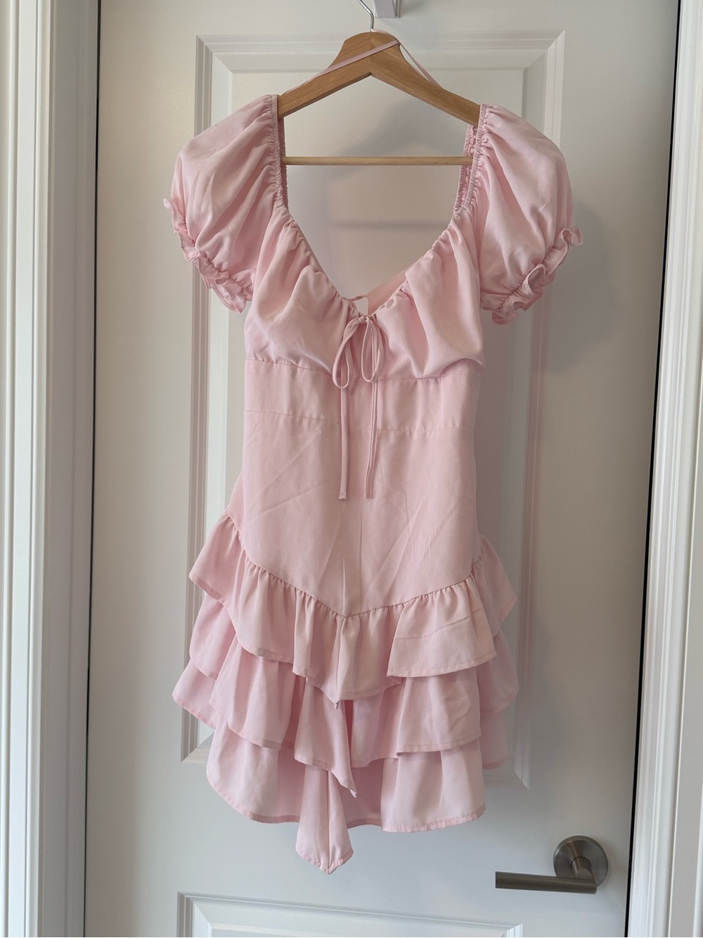 Petal-Pink Ruffle Mini Dress with Puff Sleeves